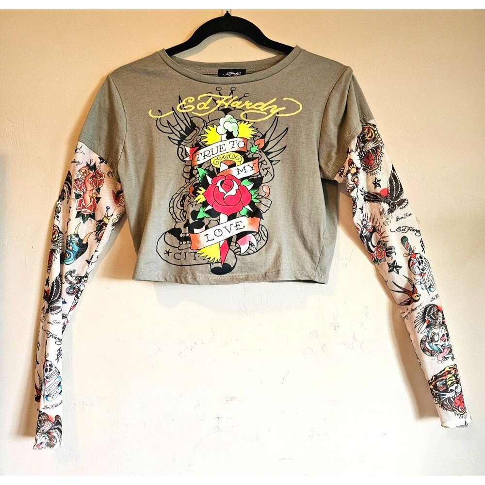 Ed Hardy Womens True To My Love Cropped Olive Shirt Mesh Tattoo Sleeves sz M